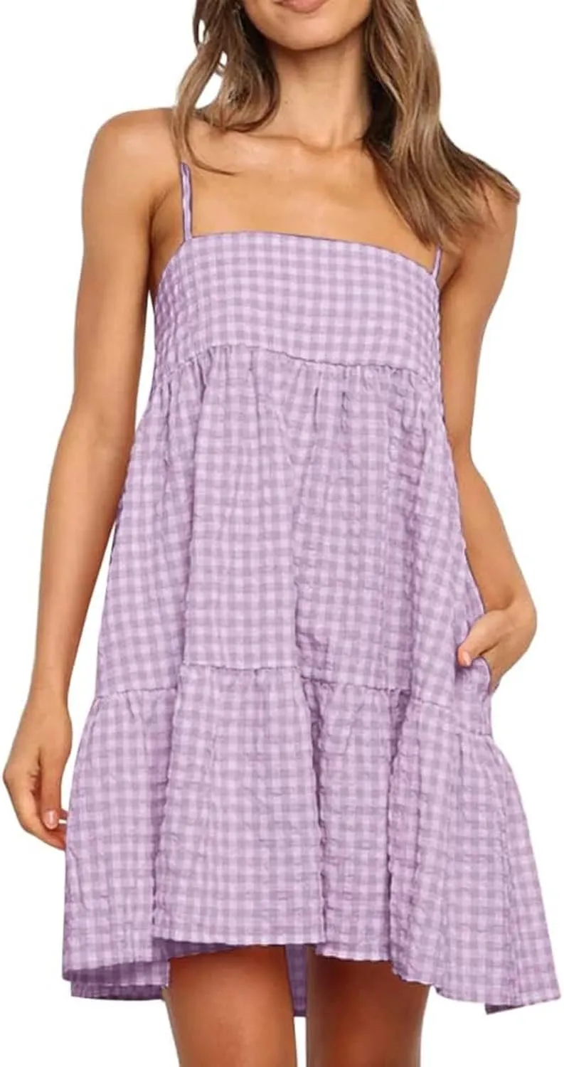Plaid Dress for Women 2025 Fashion Spaghetti Strap Sleeveless Ruffle Hem Mini Dresses Summer Boho Flowy Beach Dress