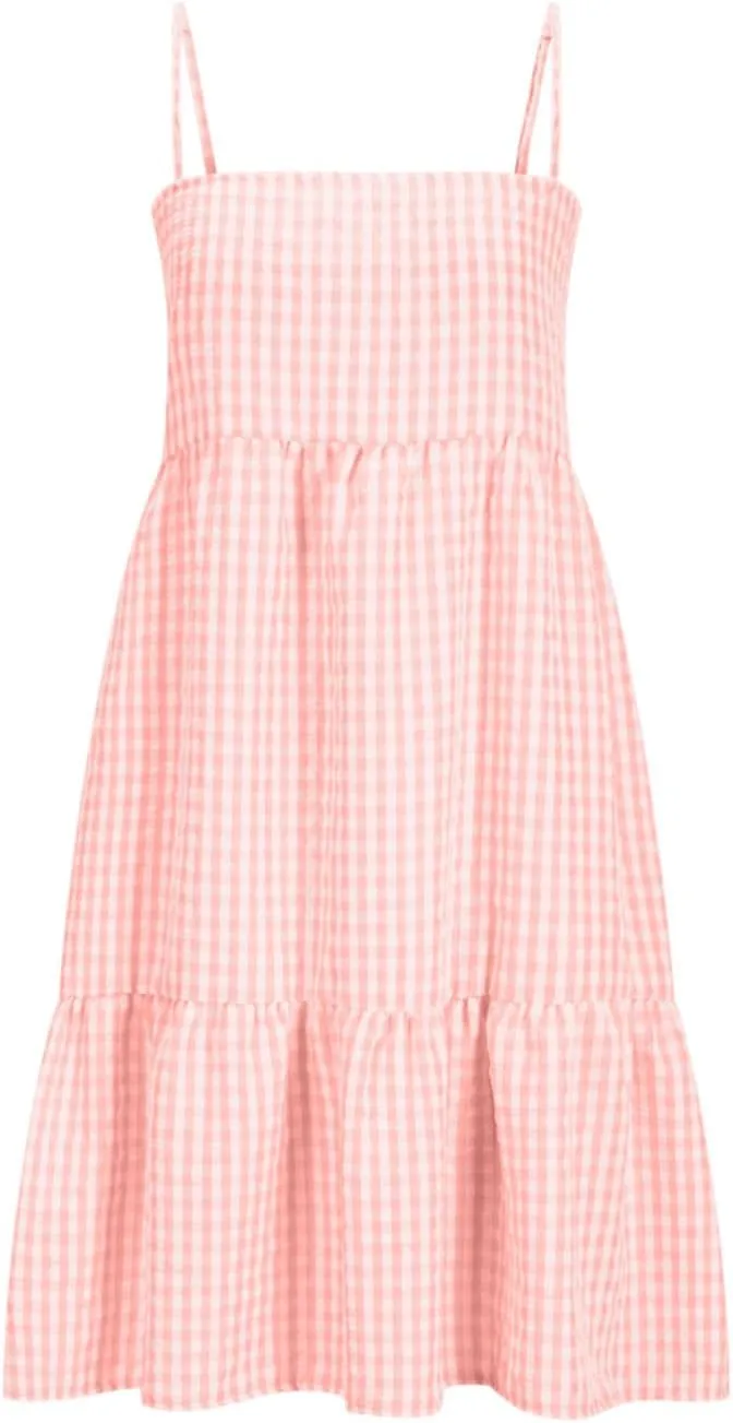 Plaid Dress for Women 2025 Fashion Spaghetti Strap Sleeveless Ruffle Hem Mini Dresses Summer Boho Flowy Beach Dress