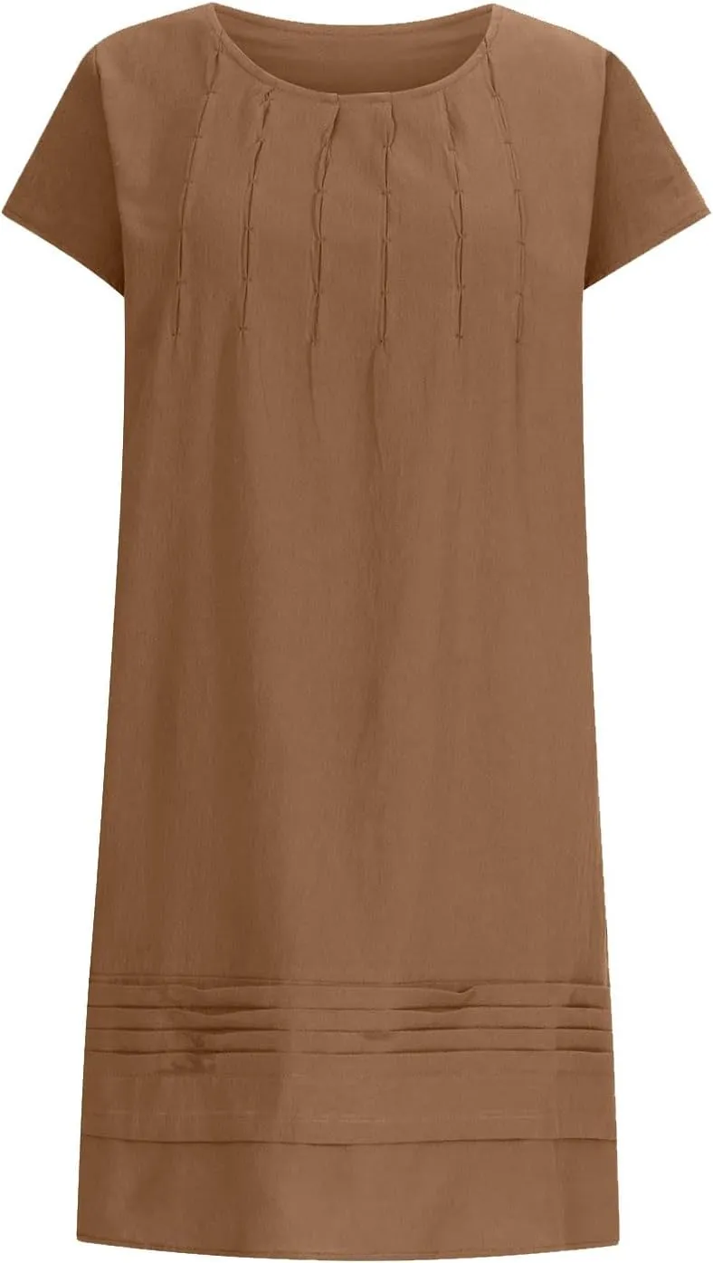Pleated Cotton Linen Dresses for Women 2024 Knee Length Dress Plus Size Short Sleeve Shift Sundress Casual Beachwear
