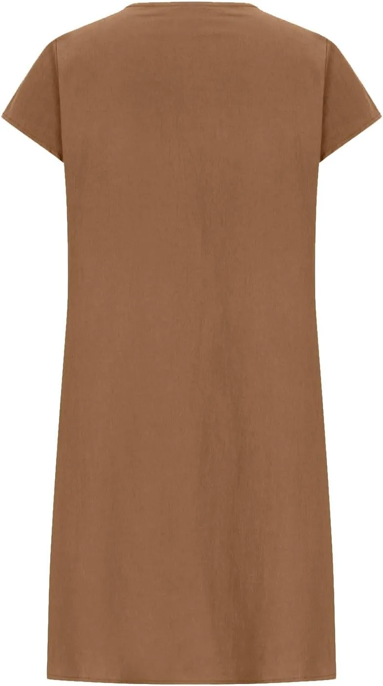 Pleated Cotton Linen Dresses for Women 2024 Knee Length Dress Plus Size Short Sleeve Shift Sundress Casual Beachwear