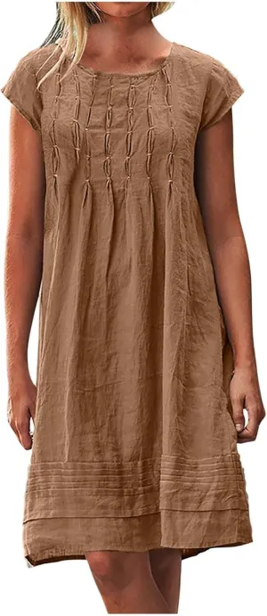 Pleated Cotton Linen Dresses for Women 2024 Knee Length Dress Plus Size Short Sleeve Shift Sundress Casual Beachwear