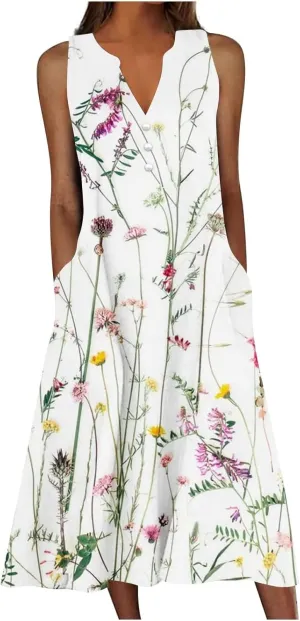 Pleated Loose Swing Midi for Women Flral Print Knee Length Plus Size Dress Crewneck Short Sleeve Wedding Guest Dress