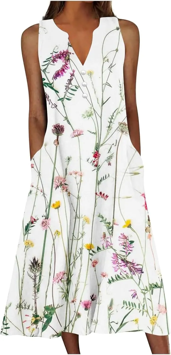 Pleated Loose Swing Midi for Women Flral Print Knee Length Plus Size Dress Crewneck Short Sleeve Wedding Guest Dress