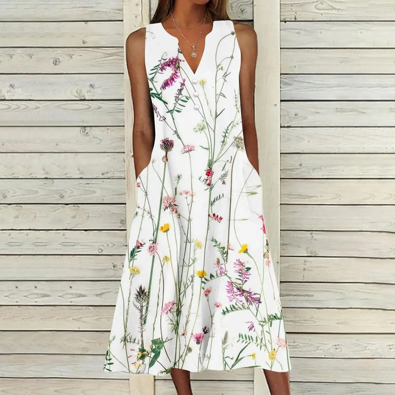 Pleated Loose Swing Midi for Women Flral Print Knee Length Plus Size Dress Crewneck Short Sleeve Wedding Guest Dress