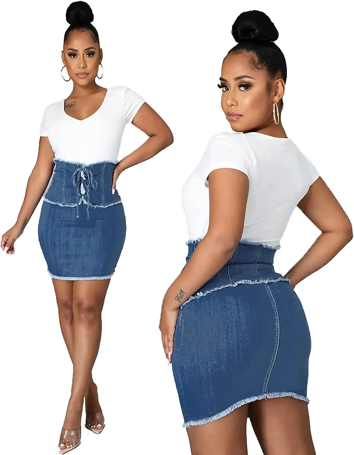 Pleated Tennis Skirts for Women Women's Skirt Bodycon Denim Mini Skirt High Waisted Jean Skirts Fringed Frayed