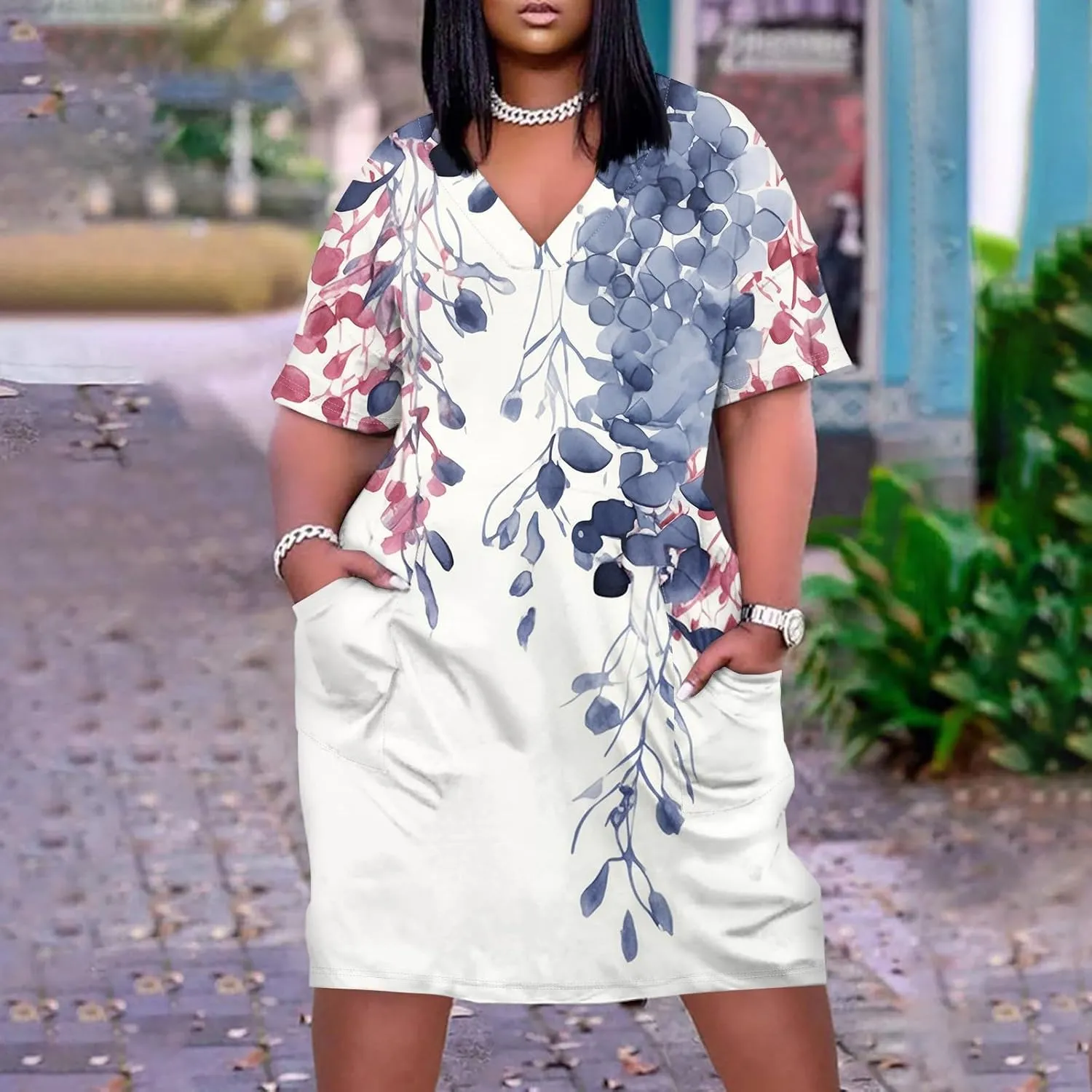 Plus Size Dresses for Curvy Women Oversize T Shirt Midi Dress Loose Short Sleeve V Neck Dress