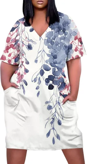 Plus Size Dresses for Curvy Women Oversize T Shirt Midi Dress Loose Short Sleeve V Neck Dress