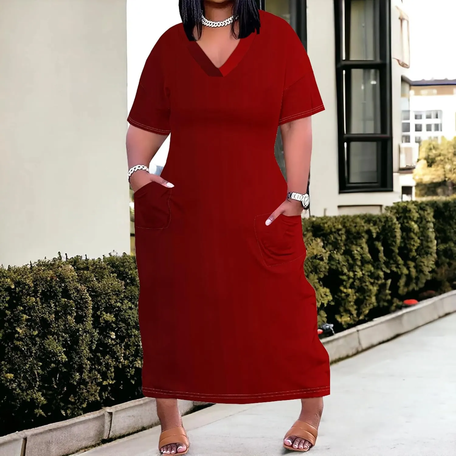 Plus Size Dresses for Women 2024 Summer Casual Short Sleeve T Shirt Maxi Dress with Pockets A Line Beach Vacation Outfits