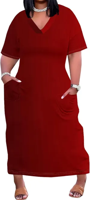 Plus Size Dresses for Women 2024 Summer Casual Short Sleeve T Shirt Maxi Dress with Pockets A Line Beach Vacation Outfits