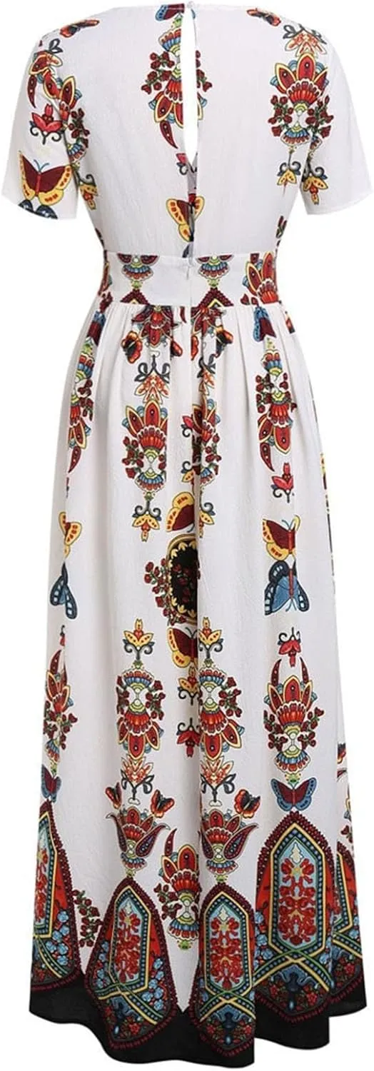 Plus Size Fashion Women Butterfly Printed V-Neck Short Sleeve Casual Long Dress