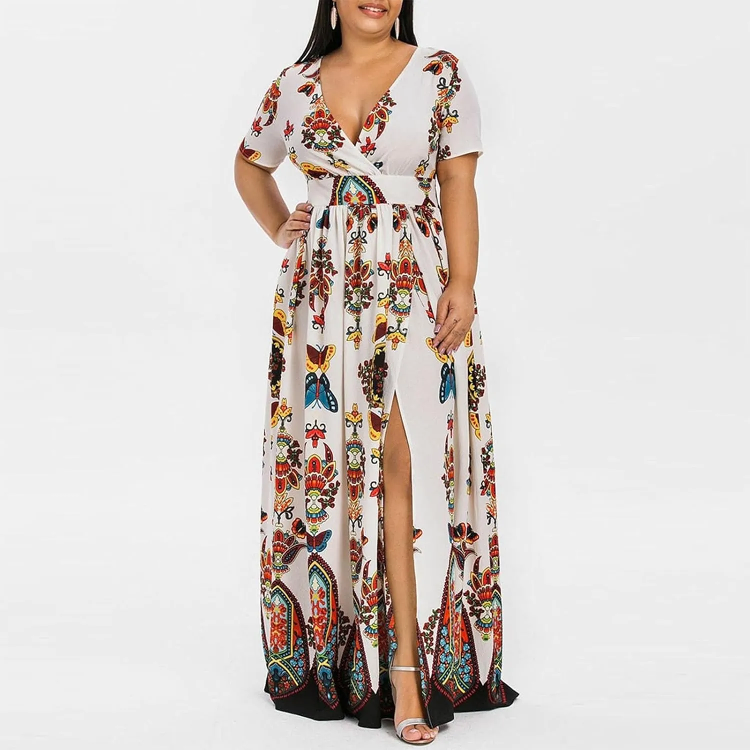 Plus Size Fashion Women Butterfly Printed V-Neck Short Sleeve Casual Long Dress