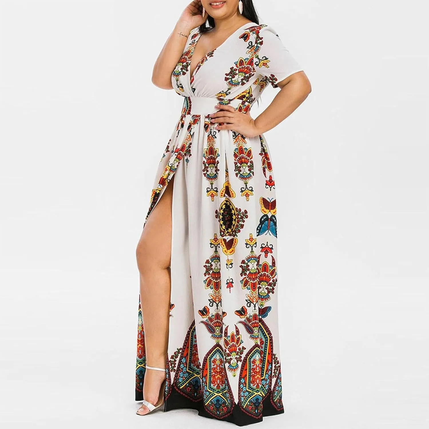 Plus Size Fashion Women Butterfly Printed V-Neck Short Sleeve Casual Long Dress