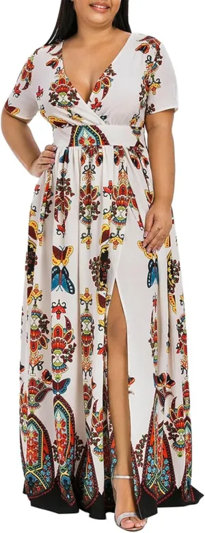 Plus Size Fashion Women Butterfly Printed V-Neck Short Sleeve Casual Long Dress