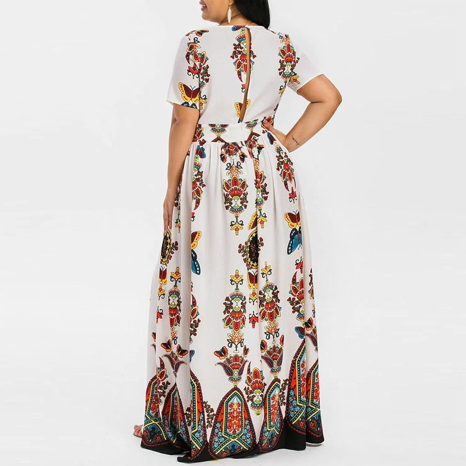 Plus Size Fashion Women Butterfly Printed V-Neck Short Sleeve Casual Long Dress