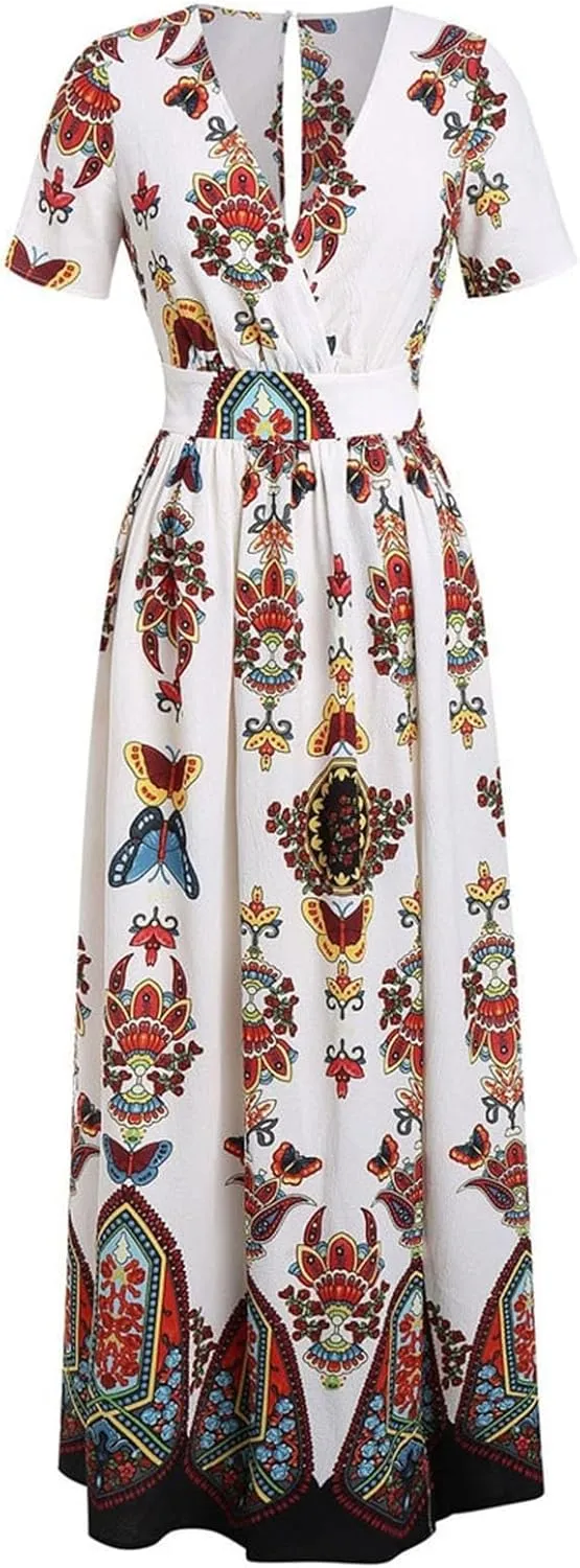 Plus Size Fashion Women Butterfly Printed V-Neck Short Sleeve Casual Long Dress