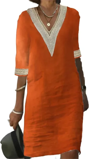 Plus Size Linen Dress for Women Casual V Neck Short Sleeve Summer Loose Lace Embroidered Midi T Shirt Dresses