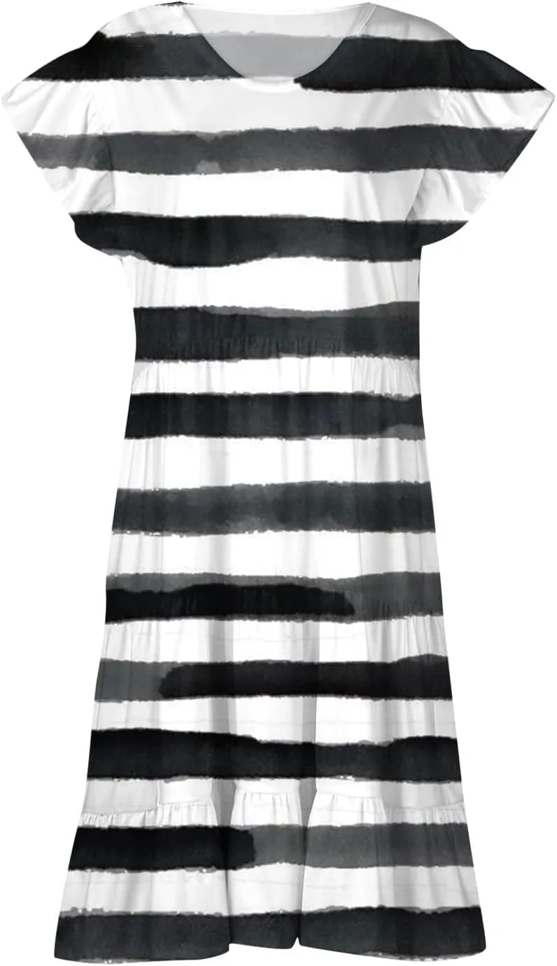 Plus Size Midi Dress for Women, Striped Casual Short Sleeve V-Neck Cute Dresses Tiered Ruffle Dress with Pockets