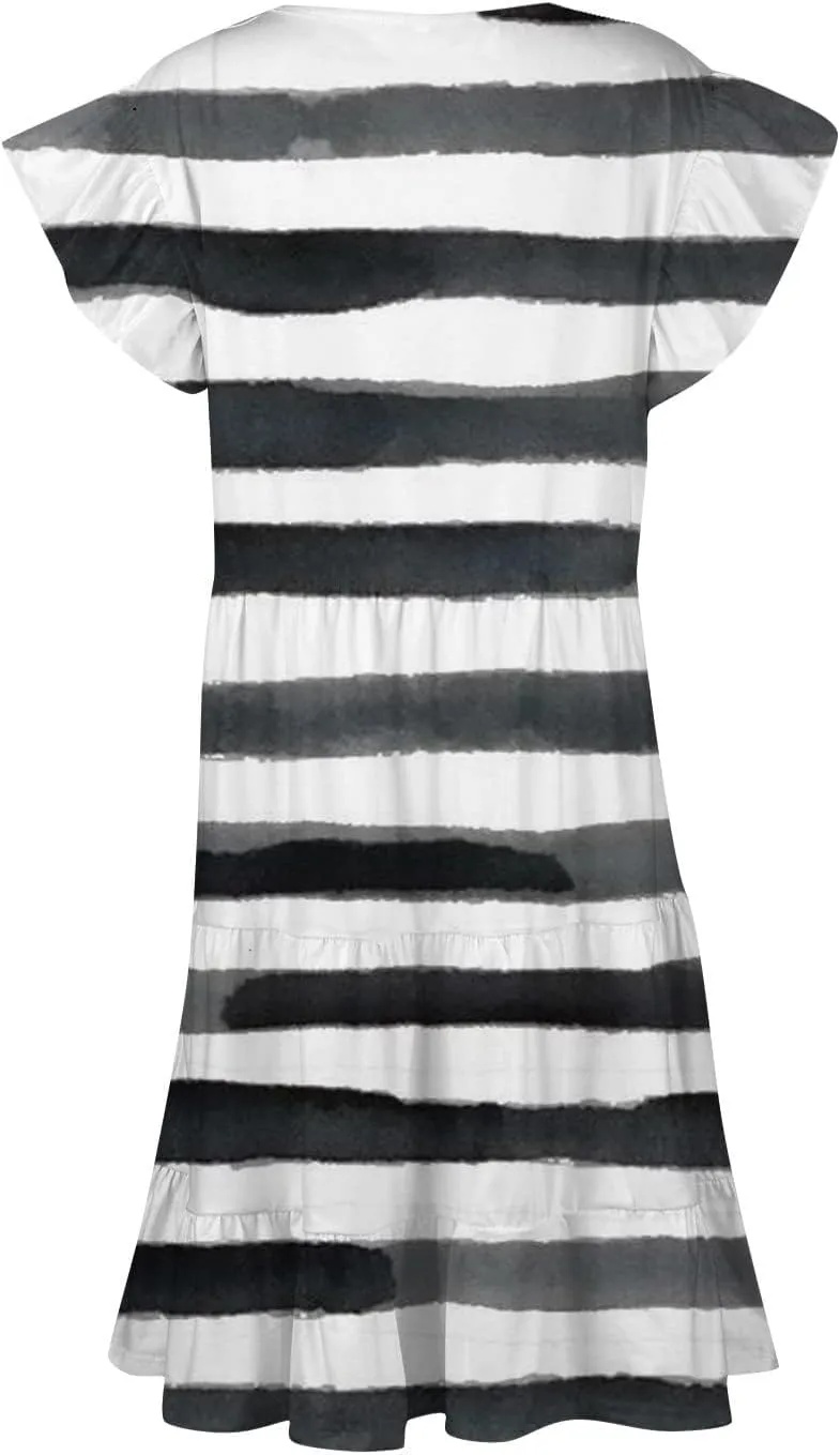 Plus Size Midi Dress for Women, Striped Casual Short Sleeve V-Neck Cute Dresses Tiered Ruffle Dress with Pockets