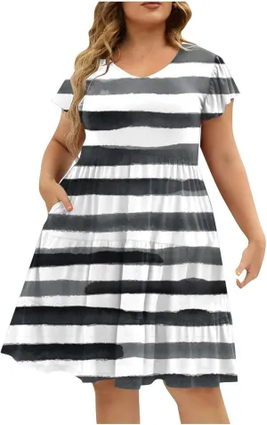 Plus Size Midi Dress for Women, Striped Casual Short Sleeve V-Neck Cute Dresses Tiered Ruffle Dress with Pockets