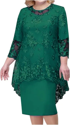 Plus Size Mother of The Bride Dress Floral Lace Mesh Wedding Guest Dresses 2PC 3/4 Sleeve High Low Top with Dress