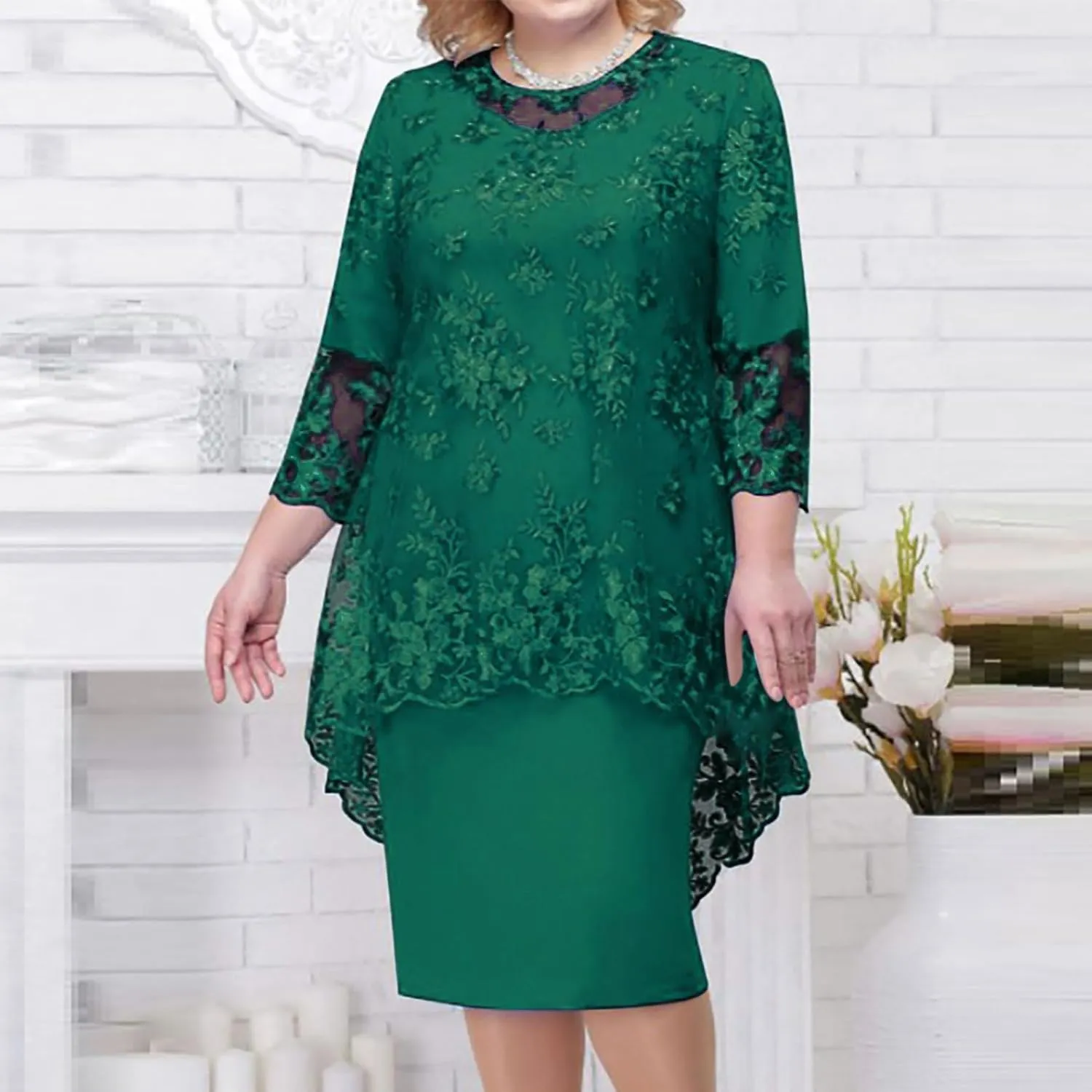 Plus Size Mother of The Bride Dress Floral Lace Mesh Wedding Guest Dresses 2PC 3/4 Sleeve High Low Top with Dress