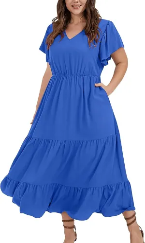 Plus Size Summer Dresses Casual Sleeveless High Waist Smocked Sundress V Neck Loose Beach Long Dress with Pockets