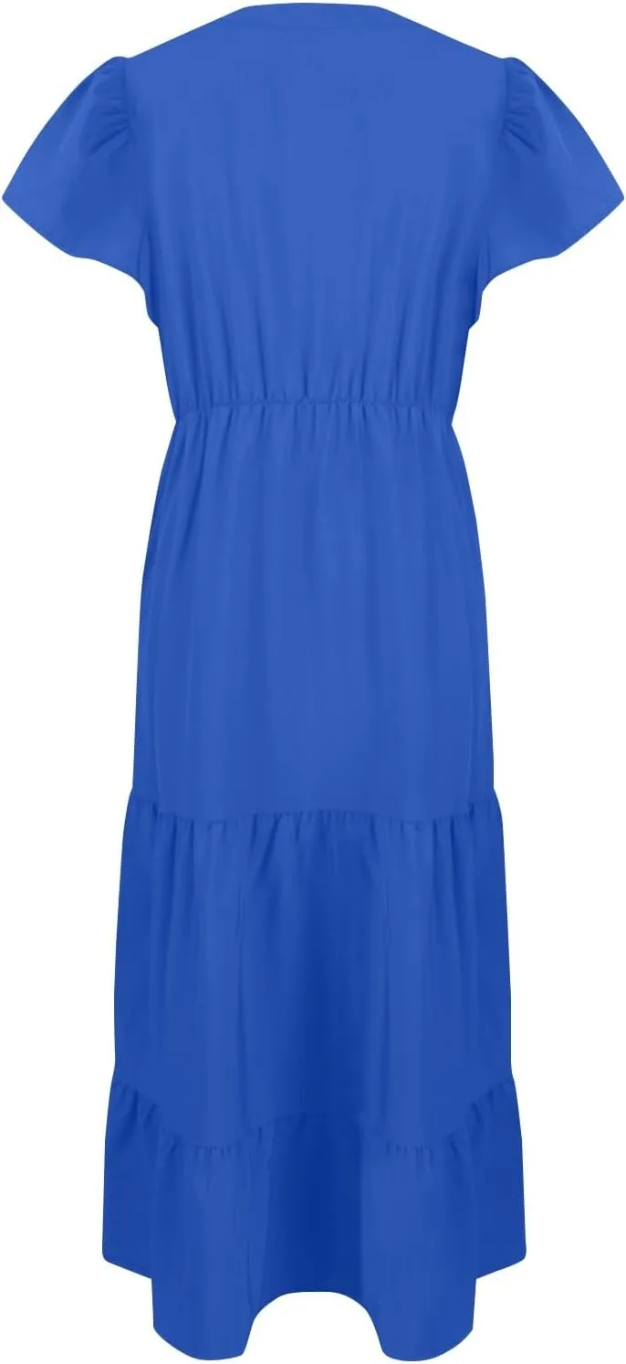 Plus Size Summer Dresses Casual Sleeveless High Waist Smocked Sundress V Neck Loose Beach Long Dress with Pockets