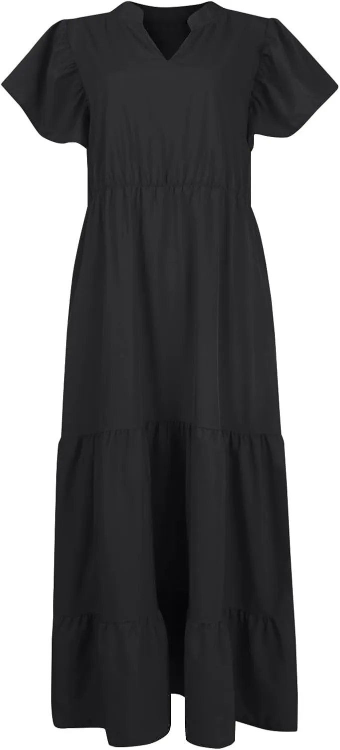 Plus Size Summer Dresses Casual Sleeveless High Waist Smocked Sundress V Neck Loose Beach Long Dress with Pockets