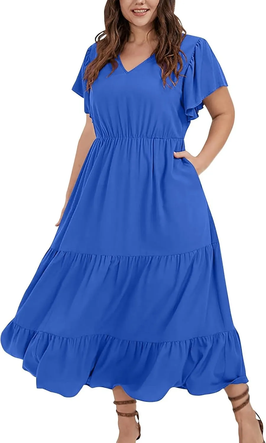 Plus Size Summer Dresses Casual Sleeveless High Waist Smocked Sundress V Neck Loose Beach Long Dress with Pockets