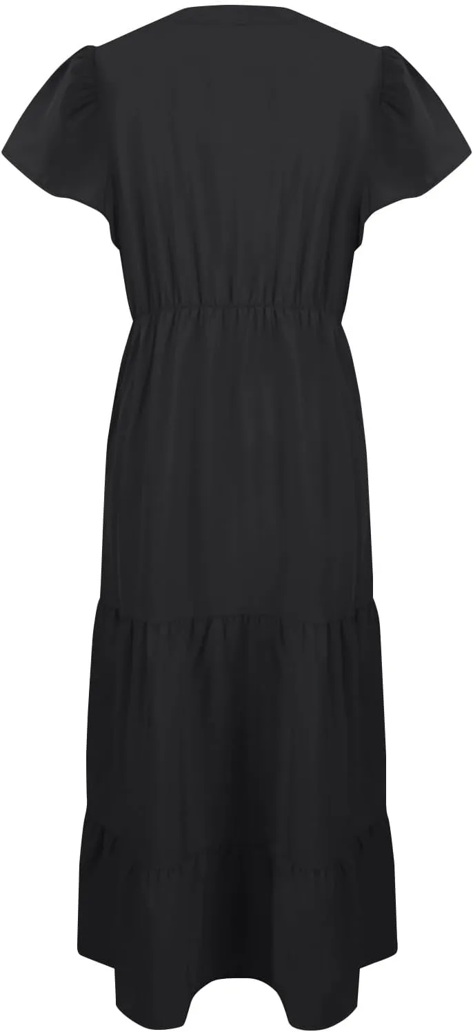Plus Size Summer Dresses Casual Sleeveless High Waist Smocked Sundress V Neck Loose Beach Long Dress with Pockets