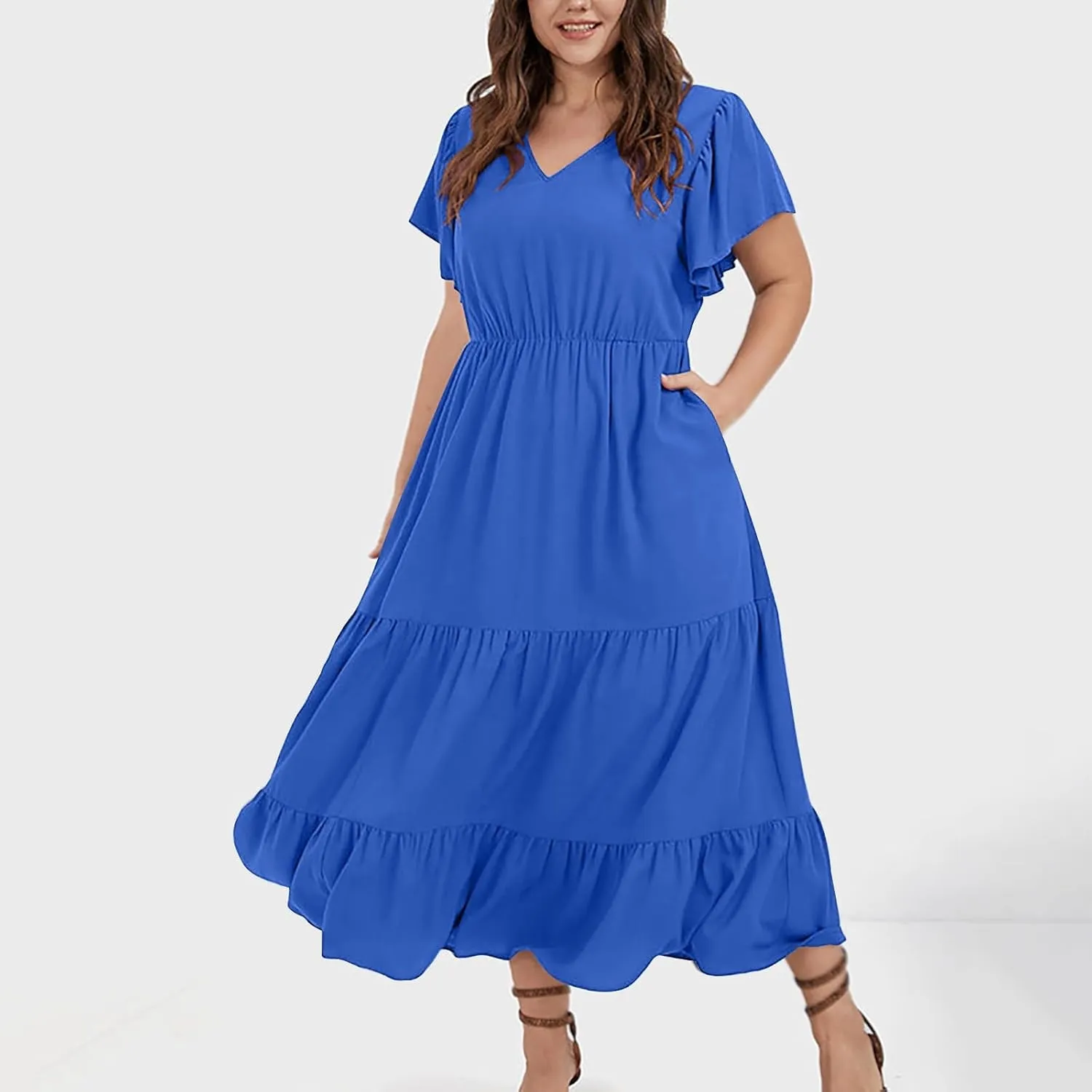 Plus Size Summer Dresses Casual Sleeveless High Waist Smocked Sundress V Neck Loose Beach Long Dress with Pockets
