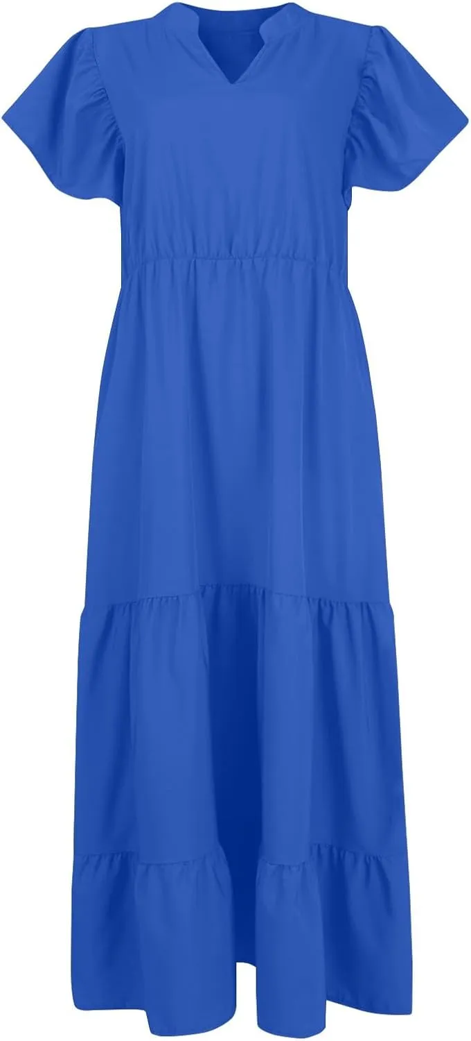 Plus Size Summer Dresses Casual Sleeveless High Waist Smocked Sundress V Neck Loose Beach Long Dress with Pockets