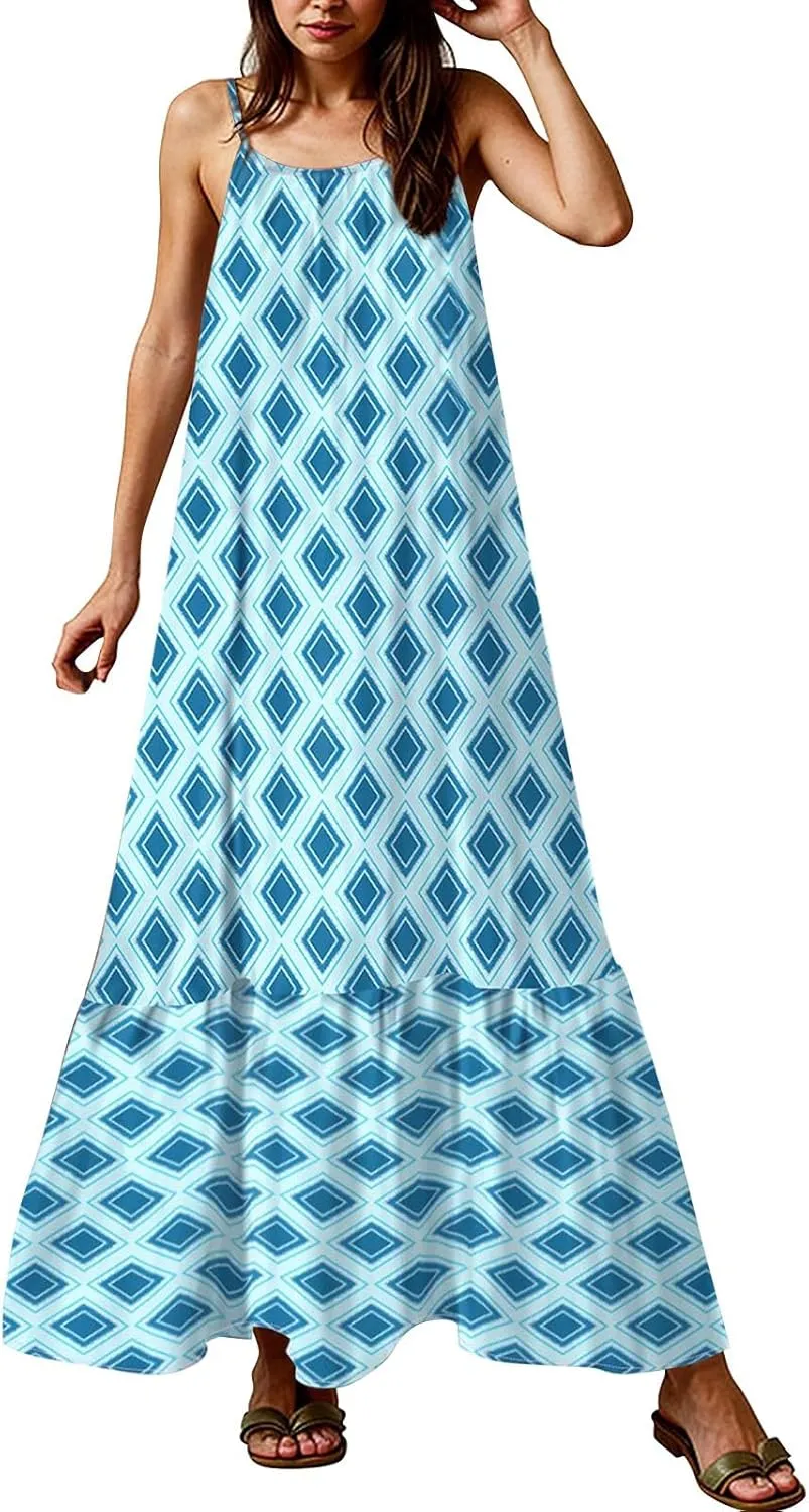 Plus Size Summer Dresses for Women Spaghetti Strap Sleeveless Maxi Dress Floor Length Bohemian Casual Formal Dress