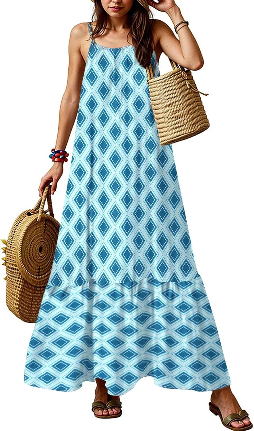 Plus Size Summer Dresses for Women Spaghetti Strap Sleeveless Maxi Dress Floor Length Bohemian Casual Formal Dress