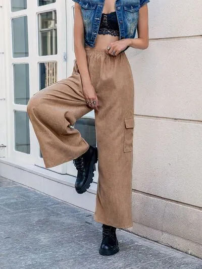 Pocketed Wide Leg Elastic Waist Pants in Camel