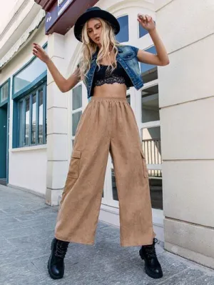 Pocketed Wide Leg Elastic Waist Pants in Camel