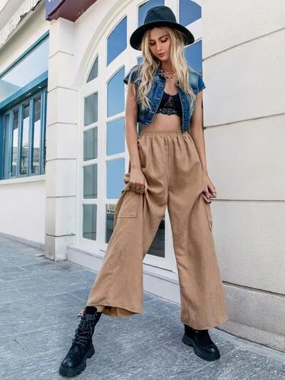 Pocketed Wide Leg Elastic Waist Pants in Camel