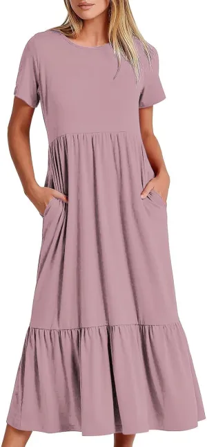 Prime Big Day Deals Today 2024 Womens Summer Short Sleeve Crewneck Shirt Dress Casual Flowy Tiered Maxi Beach Dress with Pockets Elegant Long Dresses Sun Dresses for Women Casual Pink S