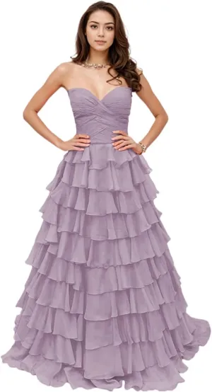 Prom Dresses Tiered Ruffles Evening Party Dress Strapless Chiffon A Line Sweetheart Long Party Gown for Women