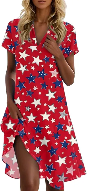 Red White and Blue Summer Dress for Women 4Th of July Tshirt Dress Midi Short Sleeve Collared V Neck A Line Dresses