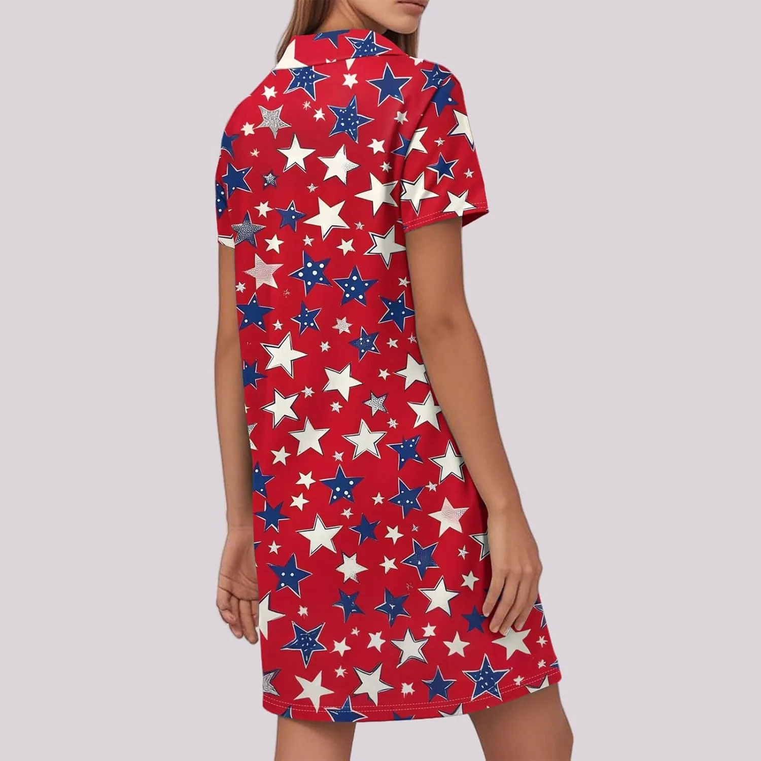 Red White and Blue Summer Dress for Women 4Th of July Tshirt Dress Midi Short Sleeve Collared V Neck A Line Dresses