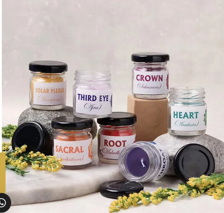 RJKART Chakra Candle in Small Jar for Home Decorations Aroma Therapy Candles for Birthday Anniversary Glass (Pack of 7)