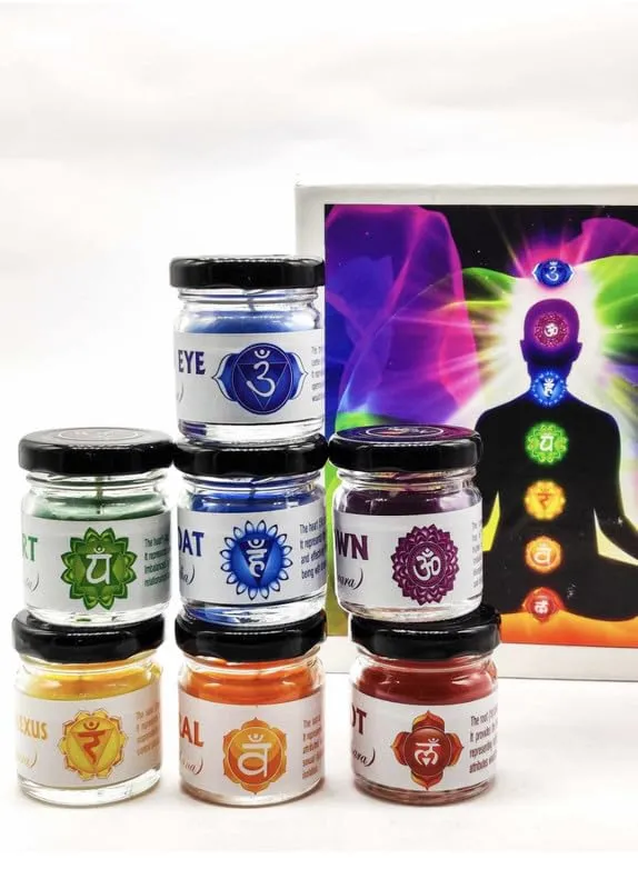 RJKART Chakra Candle in Small Jar for Home Decorations Aroma Therapy Candles for Birthday Anniversary Glass (Pack of 7)