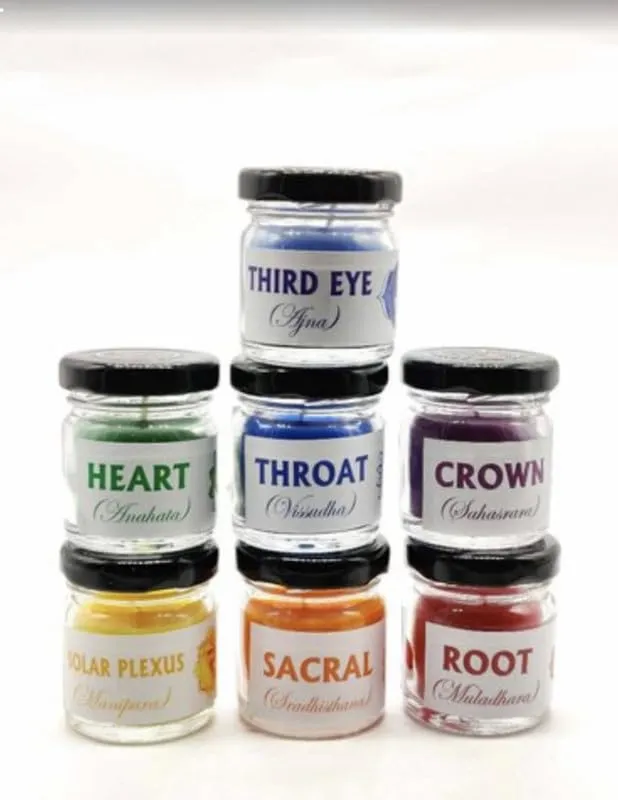 RJKART Chakra Candle in Small Jar for Home Decorations Aroma Therapy Candles for Birthday Anniversary Glass (Pack of 7)