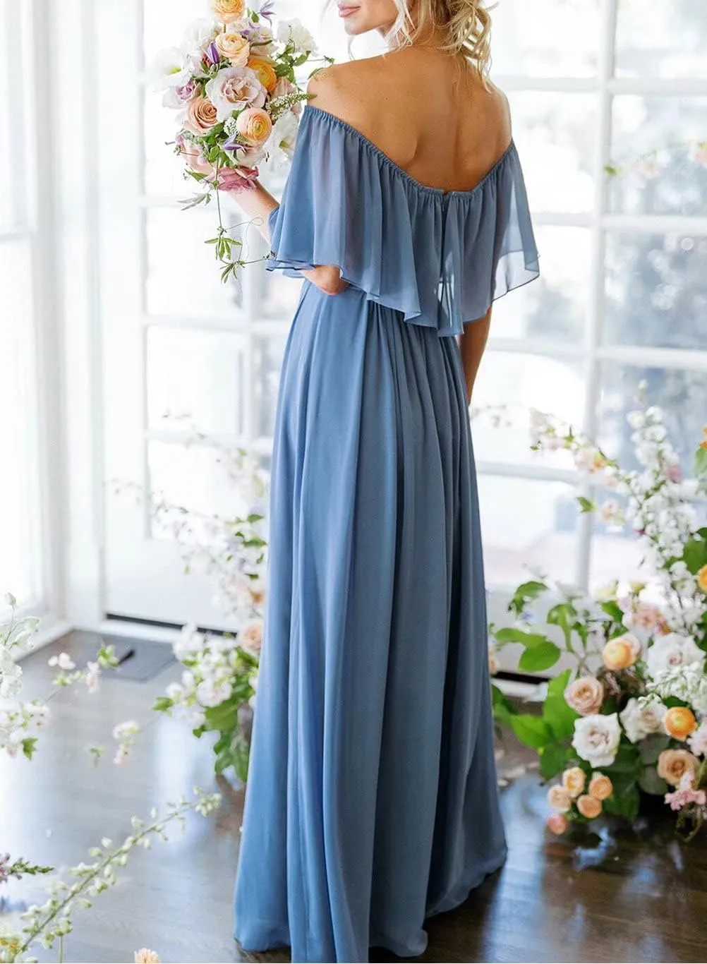RunaCelle Off The Shoulder Chiffon Bridesmaid Dresses Long A Line Formal Evening Gowns Prom Dress
