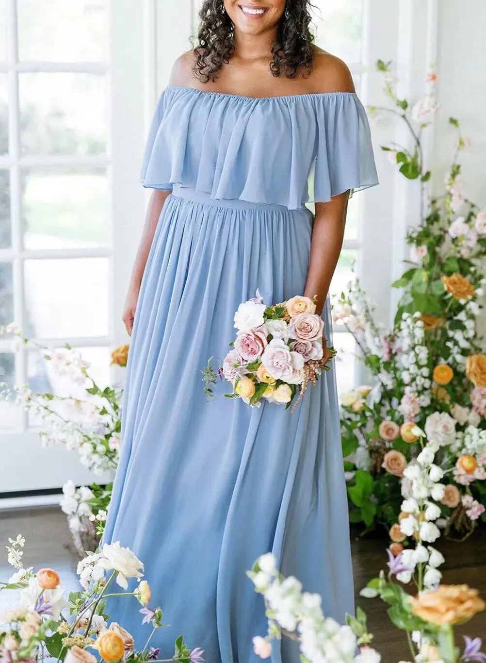 RunaCelle Off The Shoulder Chiffon Bridesmaid Dresses Long A Line Formal Evening Gowns Prom Dress