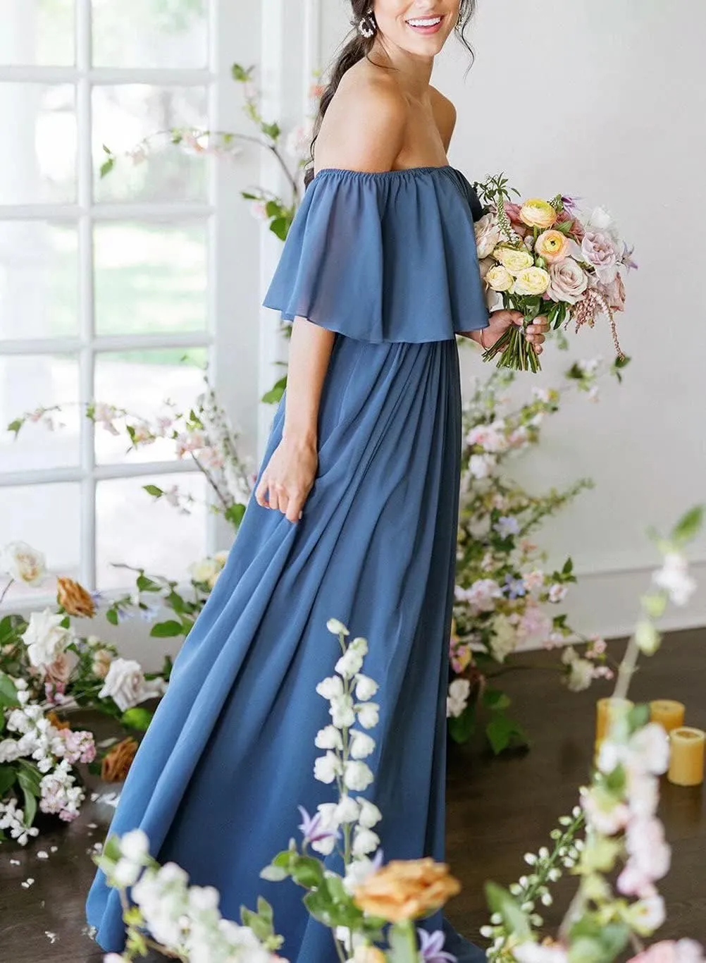 RunaCelle Off The Shoulder Chiffon Bridesmaid Dresses Long A Line Formal Evening Gowns Prom Dress