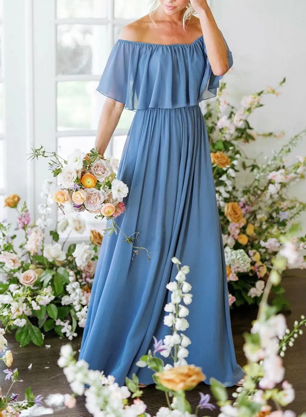 RunaCelle Off The Shoulder Chiffon Bridesmaid Dresses Long A Line Formal Evening Gowns Prom Dress