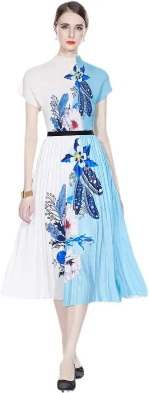 Runway Two Piece Skirt Suit Women Stretchy Pullover Tops   Midi Pleated A Line Skirts Lady Summer