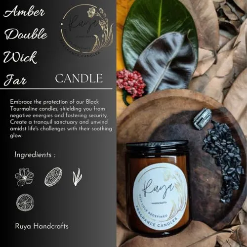 Ruya's Handcrafts Amber Single Wick Black Tourmaline stone | Igniting Tantalizing Desires, Promoting Clarity, Therapy Candles | Negativity Cleanser Candles (Sceret Desire)